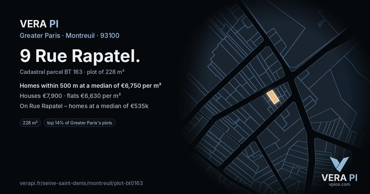 9 Rue Rapatel, Montreuil at night – the plot lit, the parcels around coloured by the prices near them