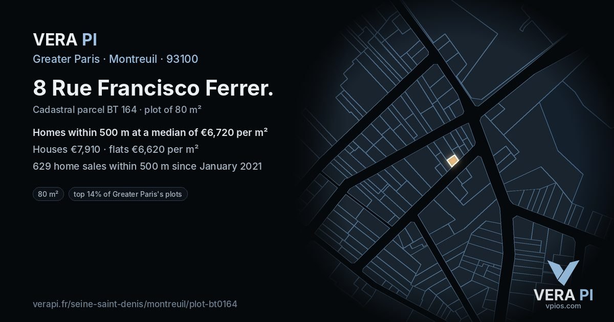 8 Rue Francisco Ferrer, Montreuil at night – the plot lit, the parcels around coloured by the prices near them