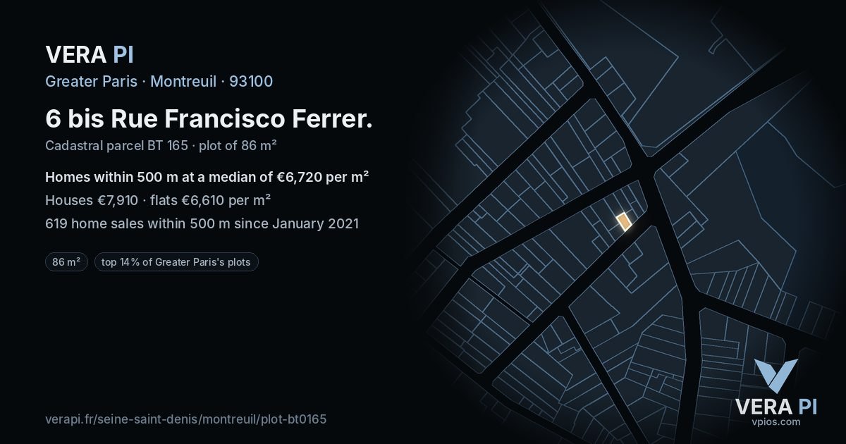 6 bis Rue Francisco Ferrer, Montreuil at night – the plot lit, the parcels around coloured by the prices near them