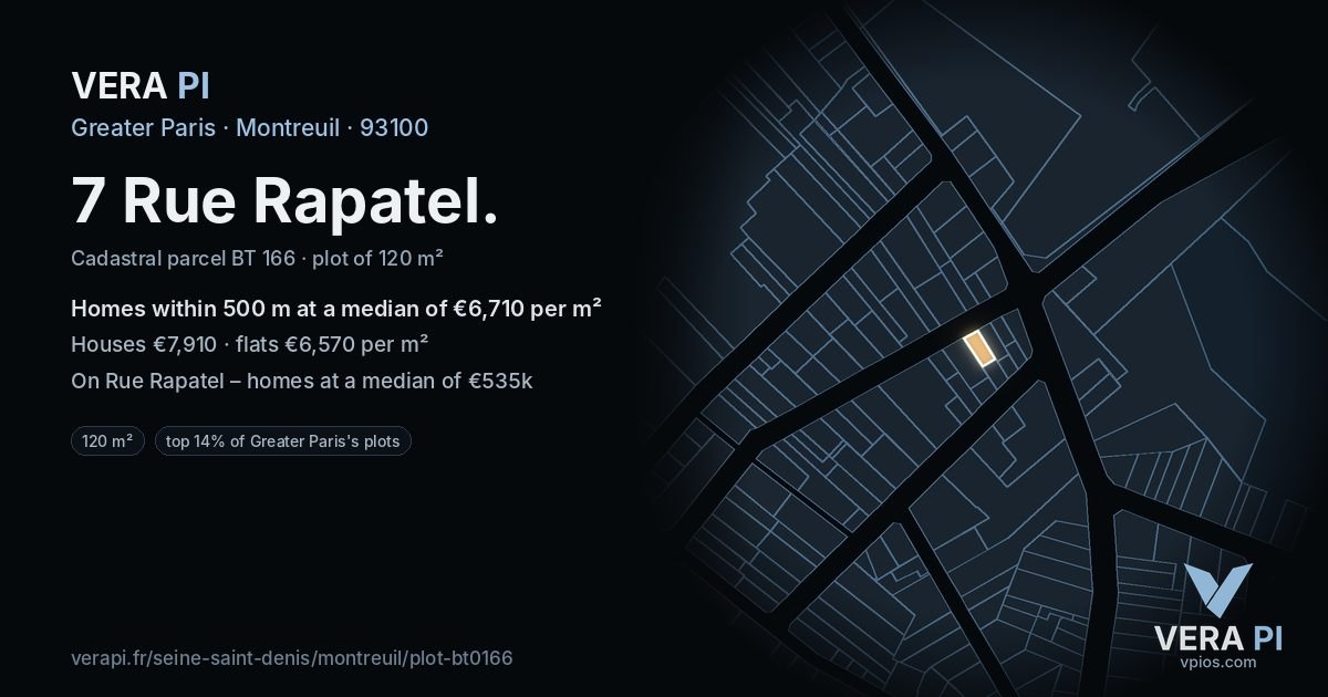 7 Rue Rapatel, Montreuil at night – the plot lit, the parcels around coloured by the prices near them