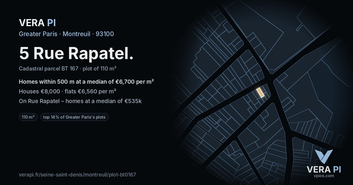 5 Rue Rapatel, Montreuil at night – the plot lit, the parcels around coloured by the prices near them