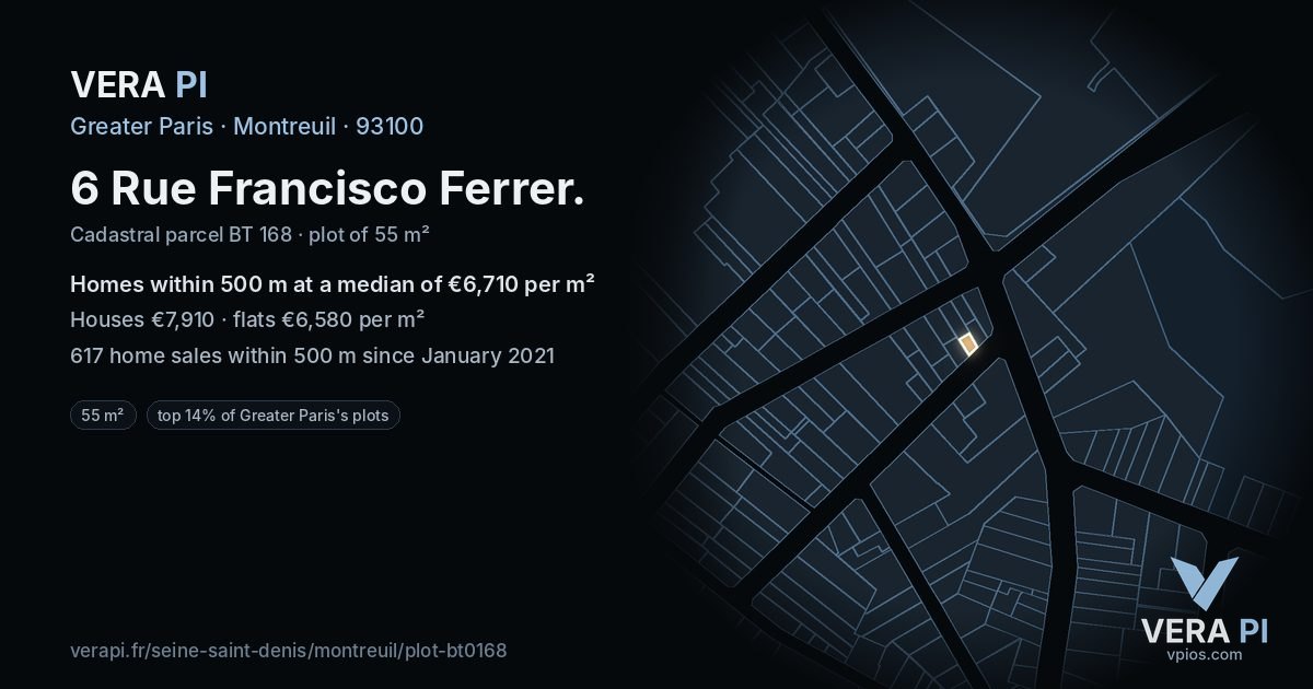 6 Rue Francisco Ferrer, Montreuil at night – the plot lit, the parcels around coloured by the prices near them