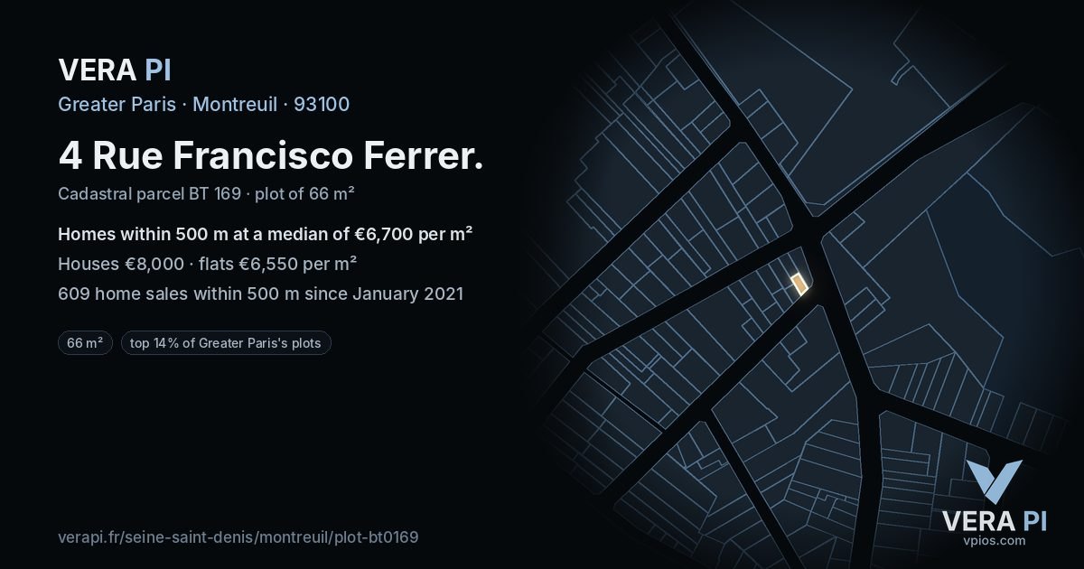 4 Rue Francisco Ferrer, Montreuil at night – the plot lit, the parcels around coloured by the prices near them