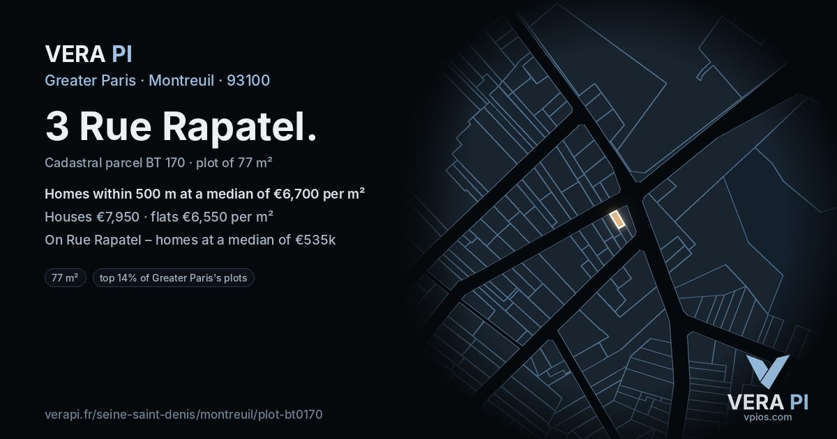3 Rue Rapatel, Montreuil at night – the plot lit, the parcels around coloured by the prices near them