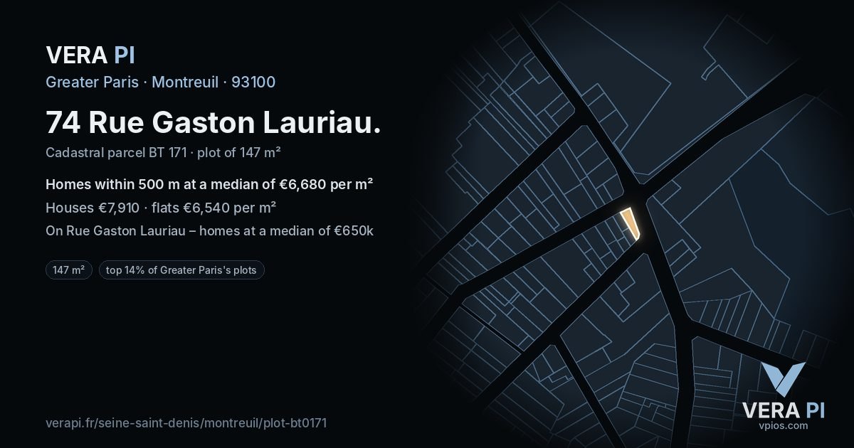 74 Rue Gaston Lauriau, Montreuil at night – the plot lit, the parcels around coloured by the prices near them