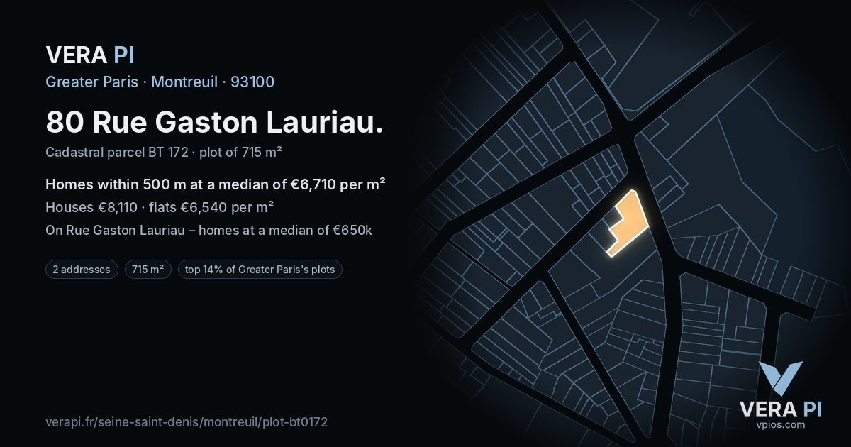 80 Rue Gaston Lauriau, Montreuil at night – the plot lit, the parcels around coloured by the prices near them