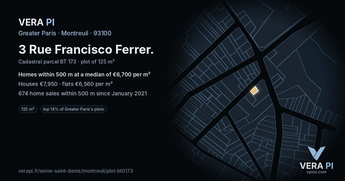 3 Rue Francisco Ferrer, Montreuil at night – the plot lit, the parcels around coloured by the prices near them
