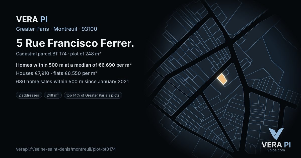 5 Rue Francisco Ferrer, Montreuil at night – the plot lit, the parcels around coloured by the prices near them