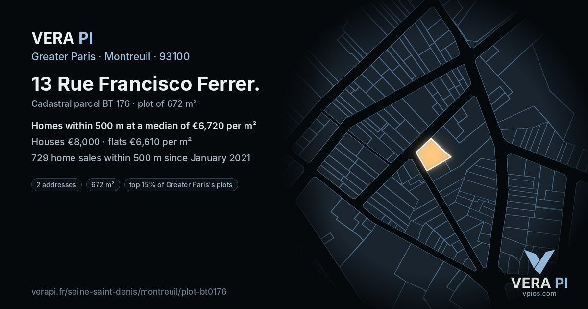 13 Rue Francisco Ferrer, Montreuil at night – the plot lit, the parcels around coloured by the prices near them