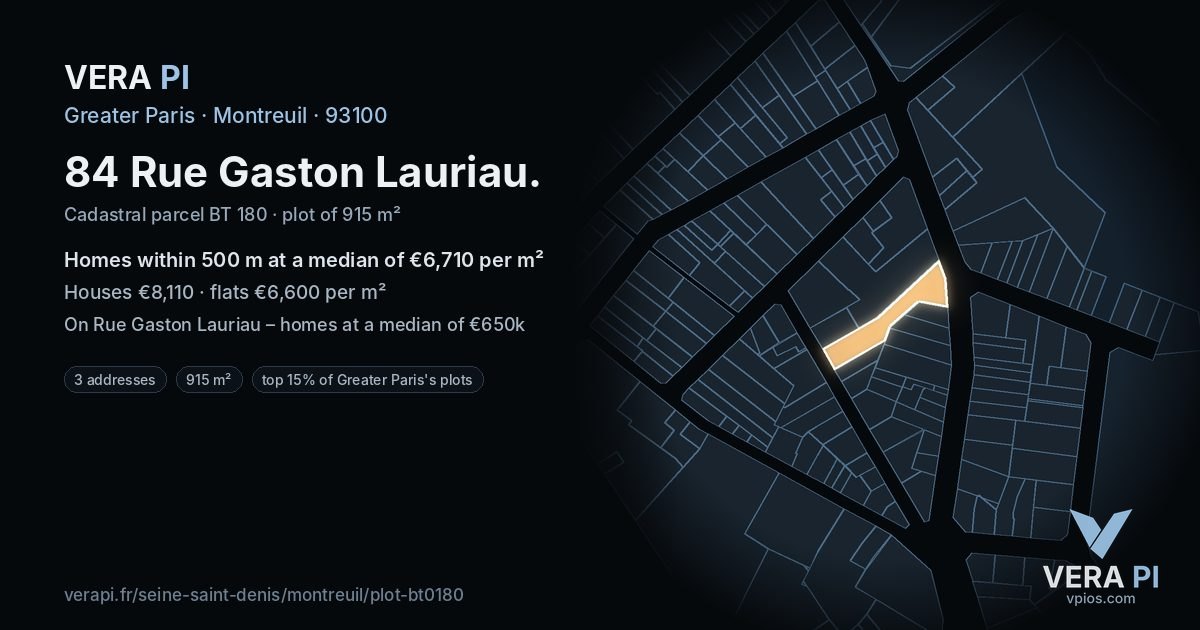 84 Rue Gaston Lauriau, Montreuil at night – the plot lit, the parcels around coloured by the prices near them