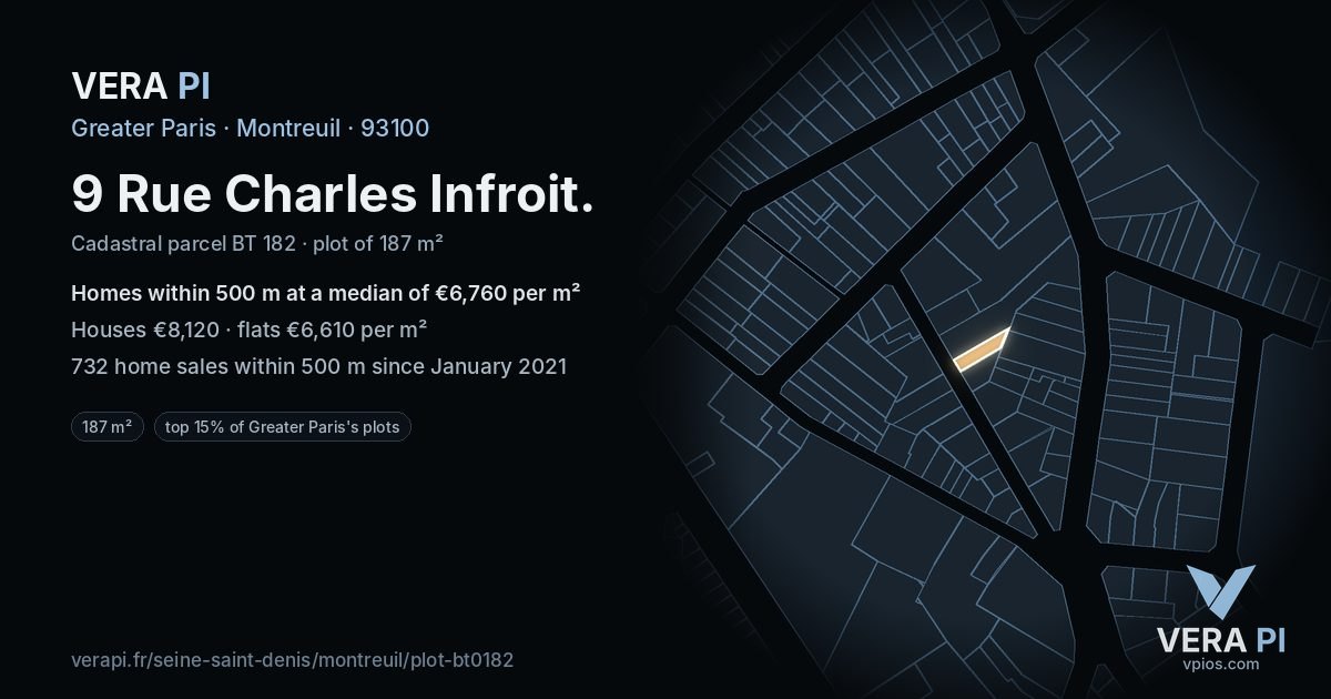 9 Rue Charles Infroit, Montreuil at night – the plot lit, the parcels around coloured by the prices near them