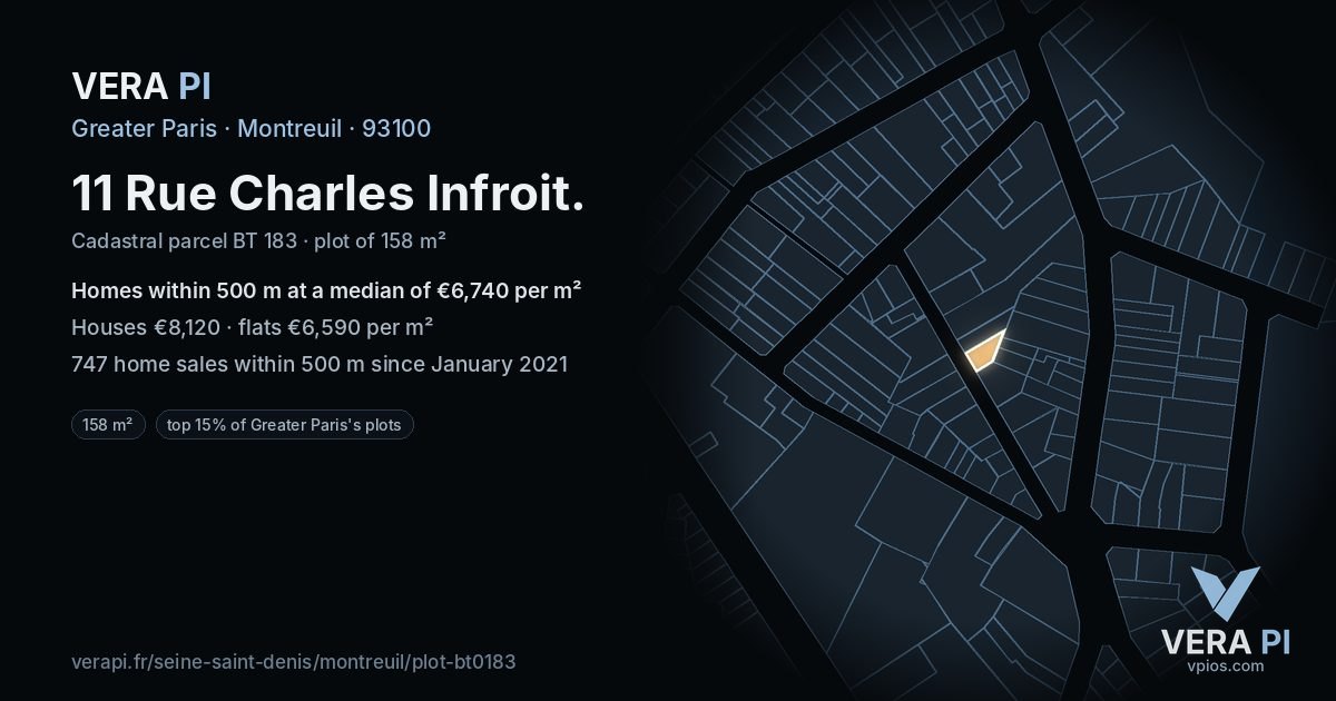 11 Rue Charles Infroit, Montreuil at night – the plot lit, the parcels around coloured by the prices near them