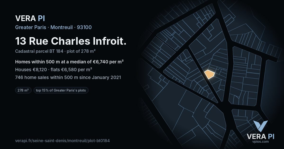13 Rue Charles Infroit, Montreuil at night – the plot lit, the parcels around coloured by the prices near them