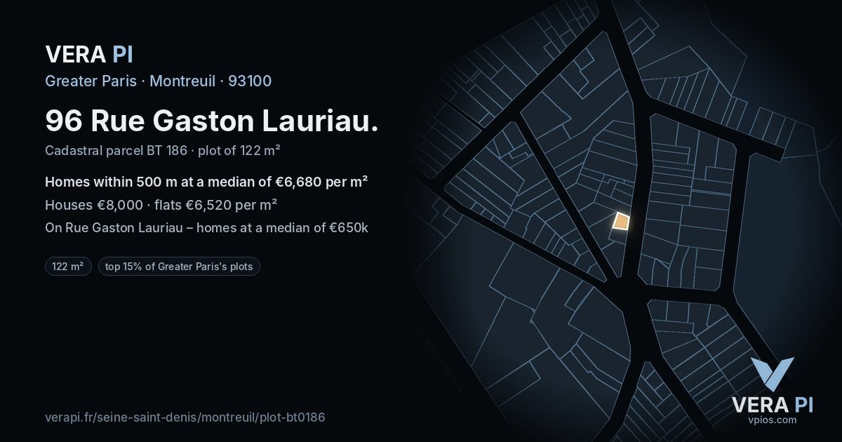 96 Rue Gaston Lauriau, Montreuil at night – the plot lit, the parcels around coloured by the prices near them
