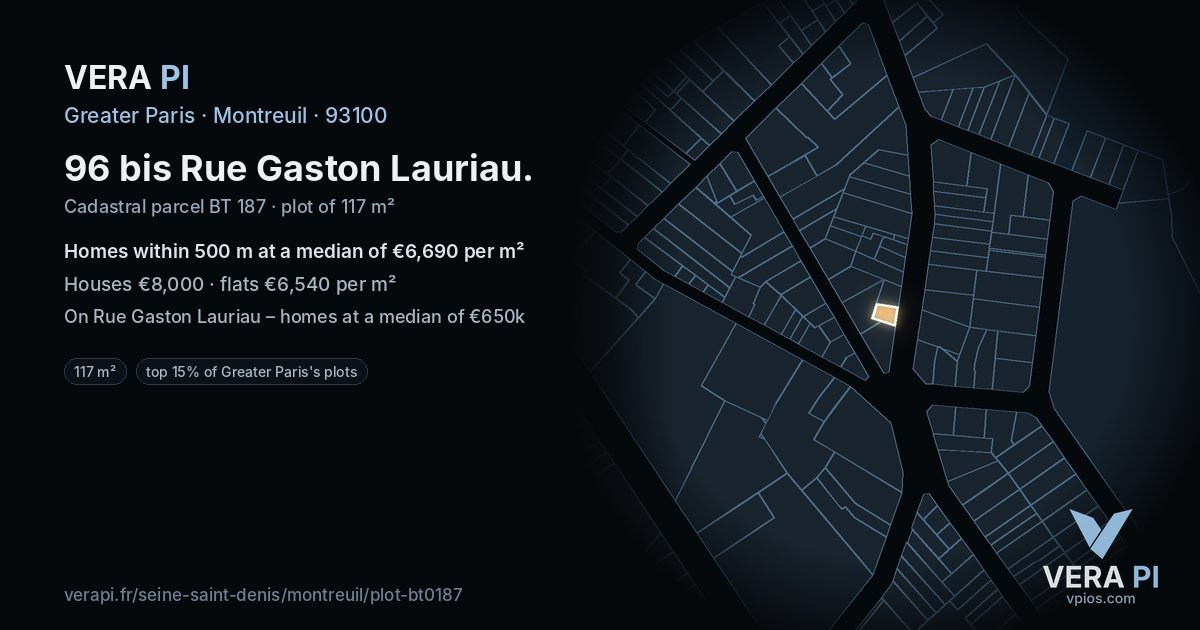96 bis Rue Gaston Lauriau, Montreuil at night – the plot lit, the parcels around coloured by the prices near them
