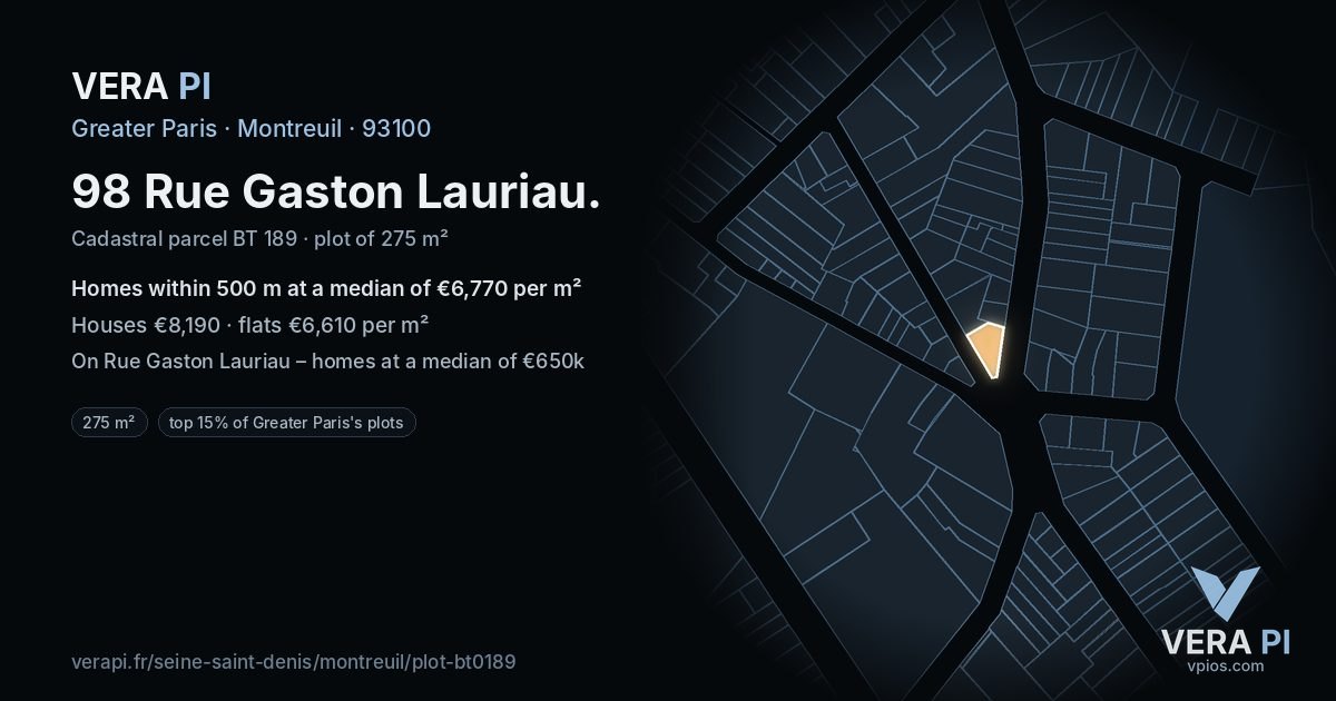 98 Rue Gaston Lauriau, Montreuil at night – the plot lit, the parcels around coloured by the prices near them