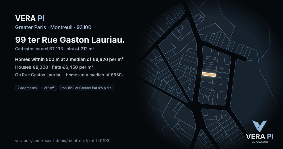 99 ter Rue Gaston Lauriau, Montreuil at night – the plot lit, the parcels around coloured by the prices near them