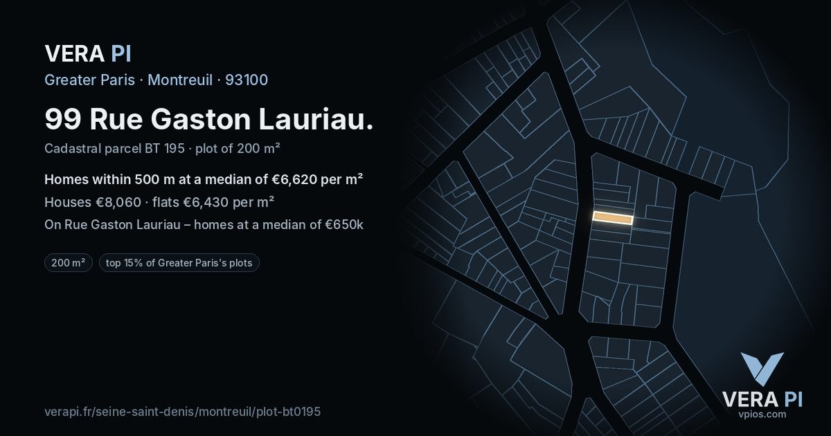 99 Rue Gaston Lauriau, Montreuil at night – the plot lit, the parcels around coloured by the prices near them