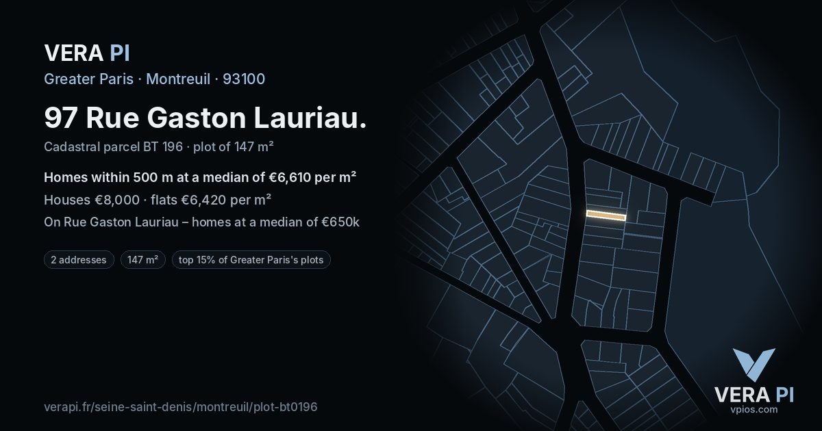 97 Rue Gaston Lauriau, Montreuil at night – the plot lit, the parcels around coloured by the prices near them