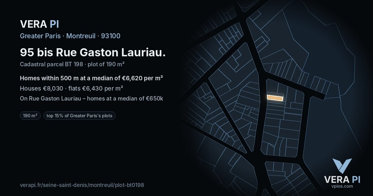 95 bis Rue Gaston Lauriau, Montreuil at night – the plot lit, the parcels around coloured by the prices near them