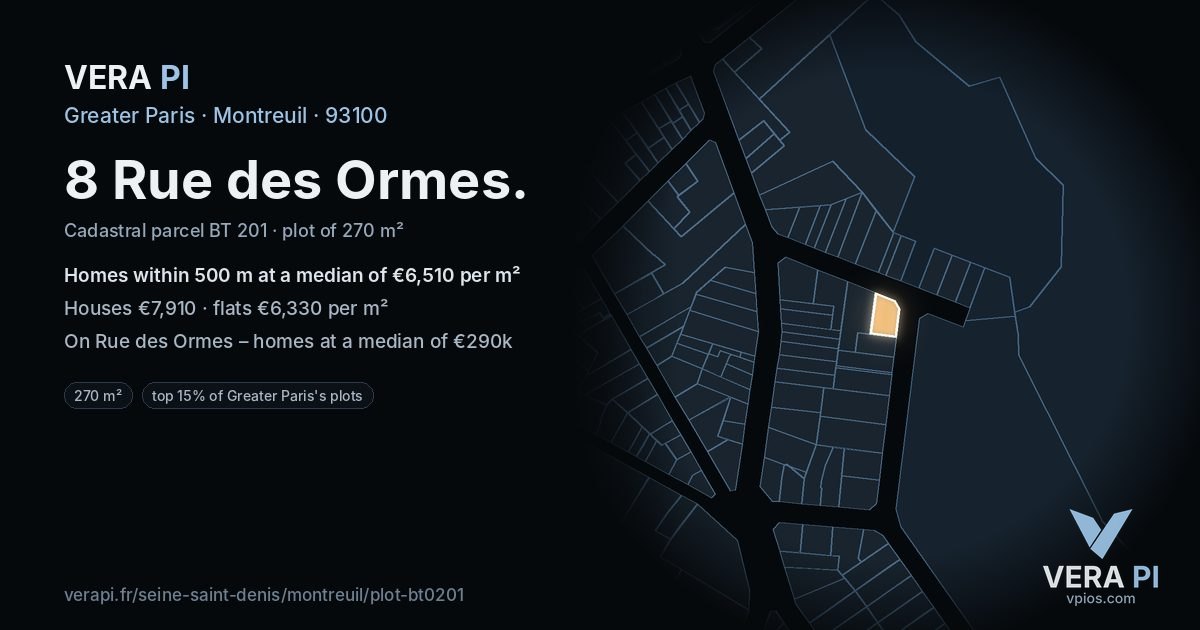 8 Rue des Ormes, Montreuil at night – the plot lit, the parcels around coloured by the prices near them