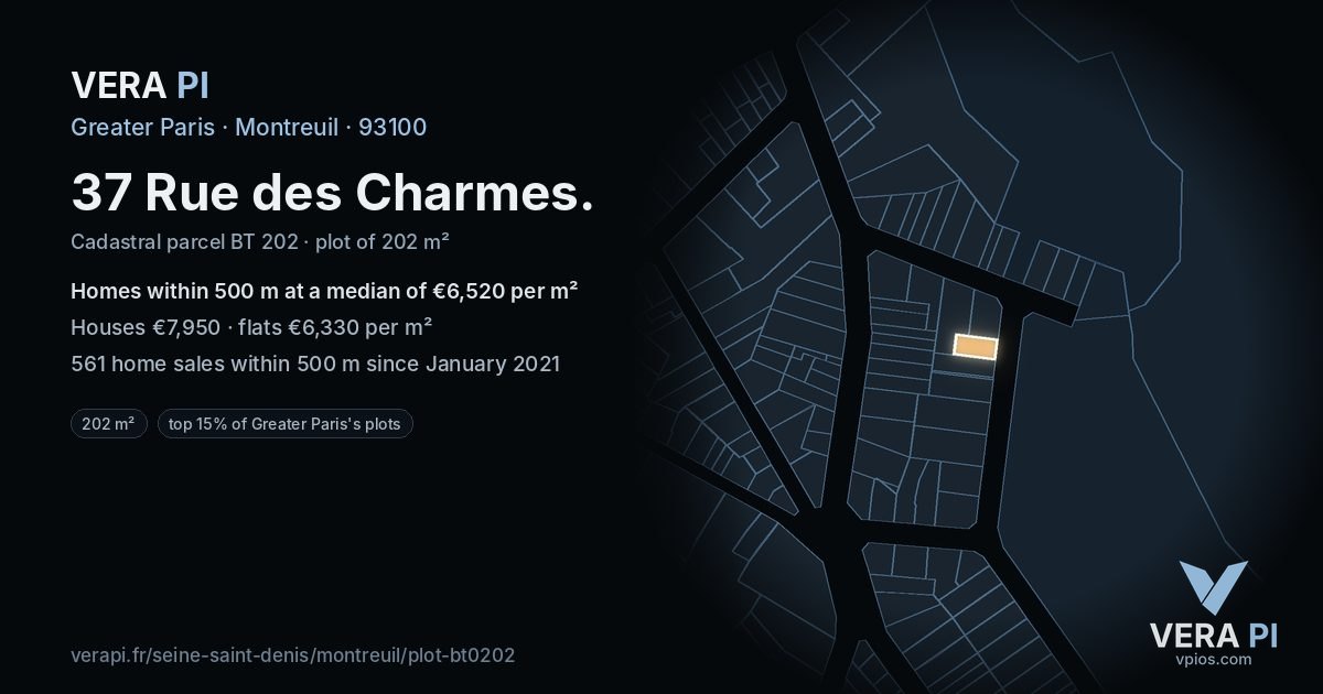 37 Rue des Charmes, Montreuil at night – the plot lit, the parcels around coloured by the prices near them