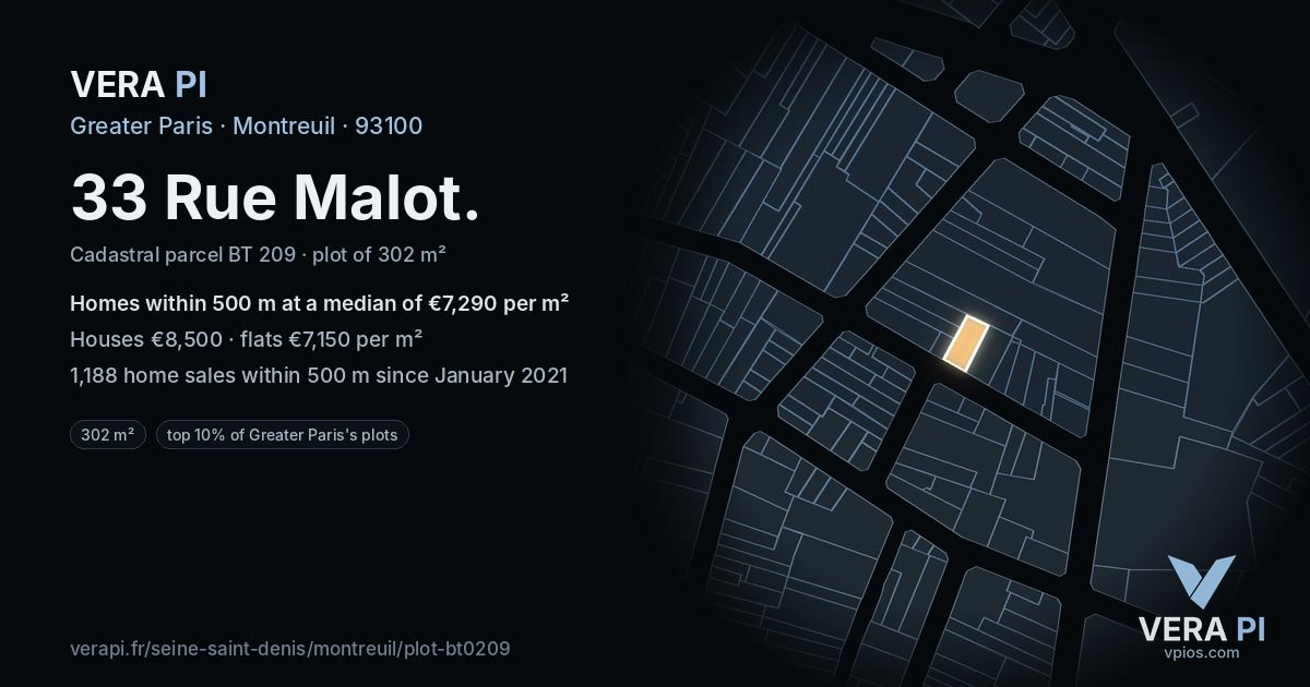 33 Rue Malot, Montreuil at night – the plot lit, the parcels around coloured by the prices near them
