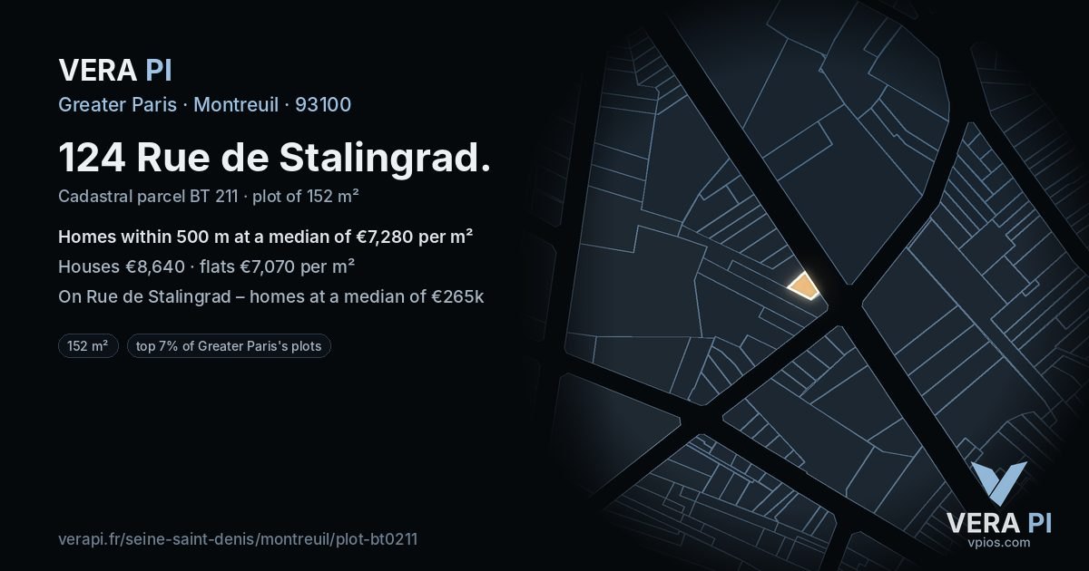 124 Rue de Stalingrad, Montreuil at night – the plot lit, the parcels around coloured by the prices near them