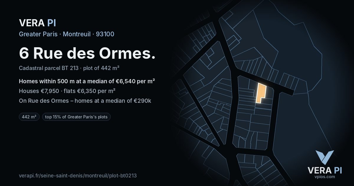 6 Rue des Ormes, Montreuil at night – the plot lit, the parcels around coloured by the prices near them