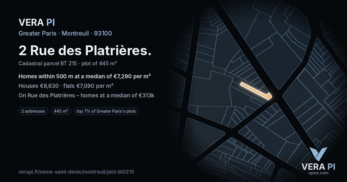 2 Rue des Platrières, Montreuil at night – the plot lit, the parcels around coloured by the prices near them