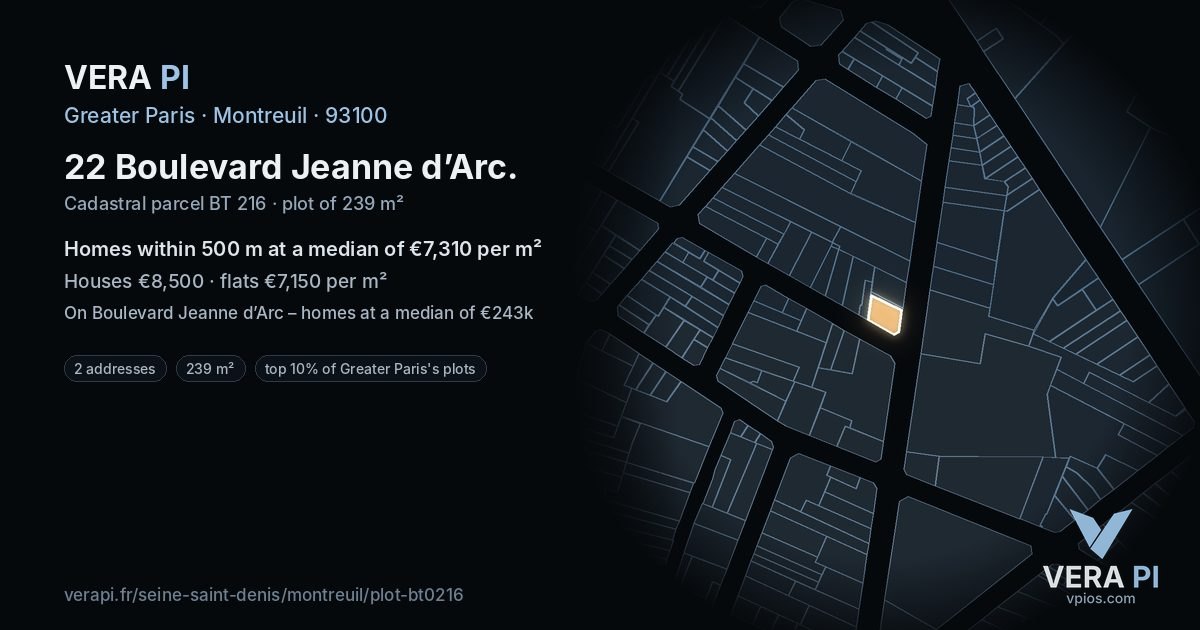 22 Boulevard Jeanne d’Arc, Montreuil at night – the plot lit, the parcels around coloured by the prices near them