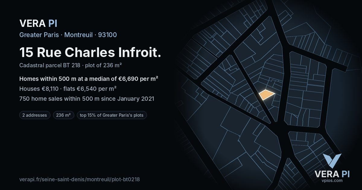 15 Rue Charles Infroit, Montreuil at night – the plot lit, the parcels around coloured by the prices near them