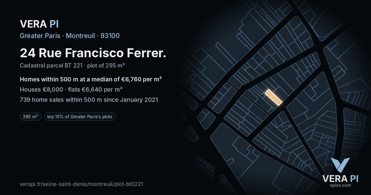 24 Rue Francisco Ferrer, Montreuil at night – the plot lit, the parcels around coloured by the prices near them