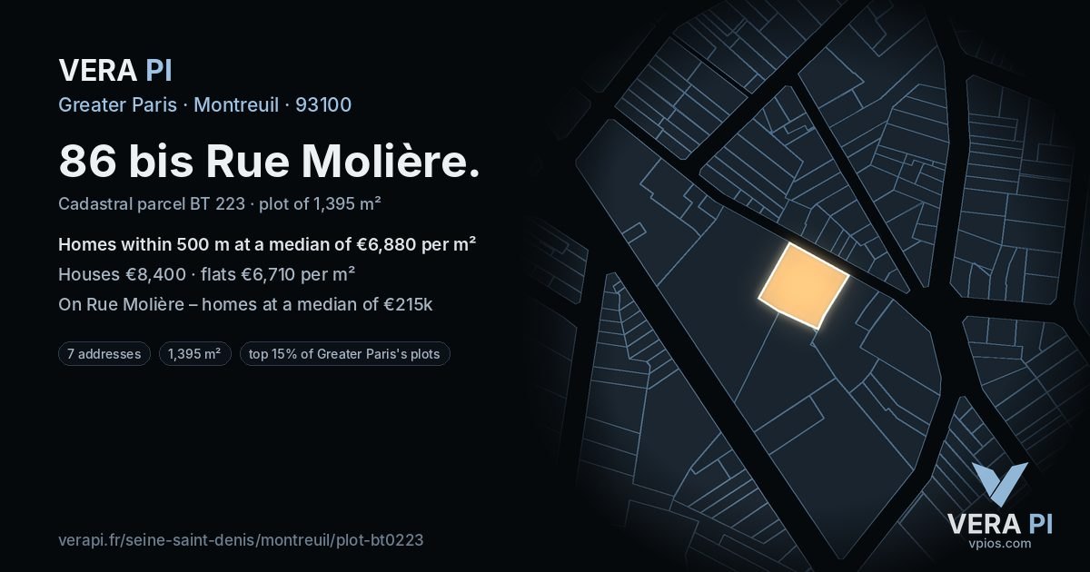 86 bis Rue Molière, Montreuil at night – the plot lit, the parcels around coloured by the prices near them