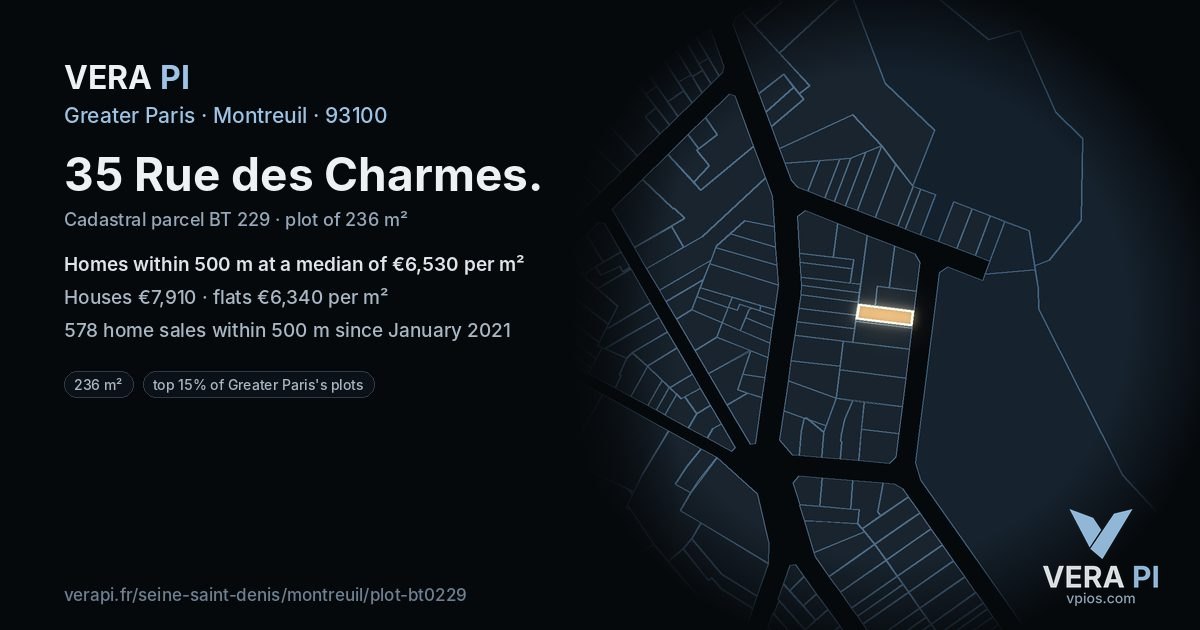 35 Rue des Charmes, Montreuil at night – the plot lit, the parcels around coloured by the prices near them