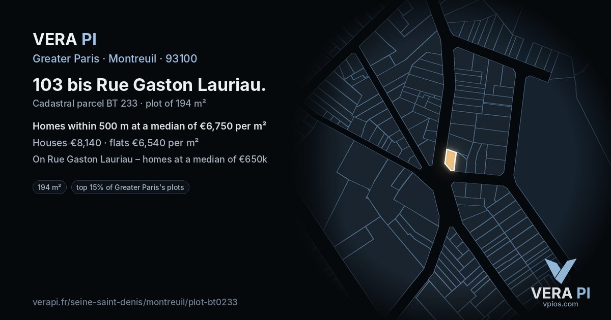 103 bis Rue Gaston Lauriau, Montreuil at night – the plot lit, the parcels around coloured by the prices near them