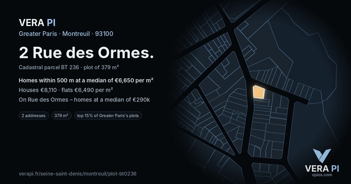 2 Rue des Ormes, Montreuil at night – the plot lit, the parcels around coloured by the prices near them