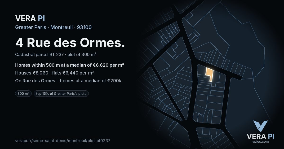 4 Rue des Ormes, Montreuil at night – the plot lit, the parcels around coloured by the prices near them