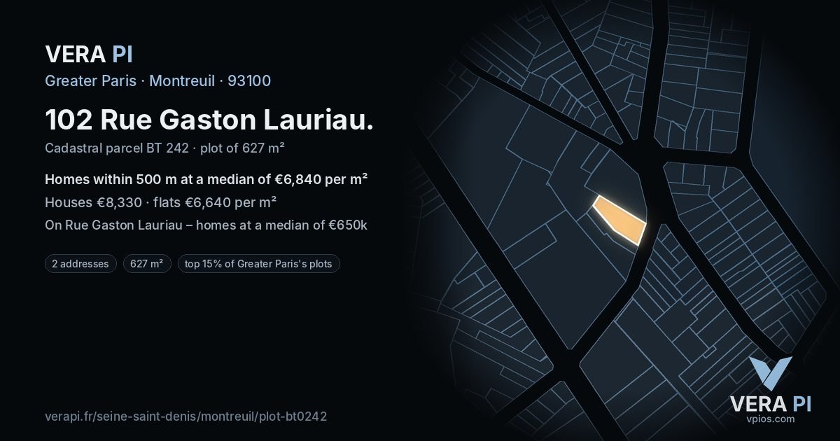 102 Rue Gaston Lauriau, Montreuil at night – the plot lit, the parcels around coloured by the prices near them