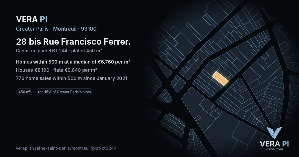 28 bis Rue Francisco Ferrer, Montreuil at night – the plot lit, the parcels around coloured by the prices near them