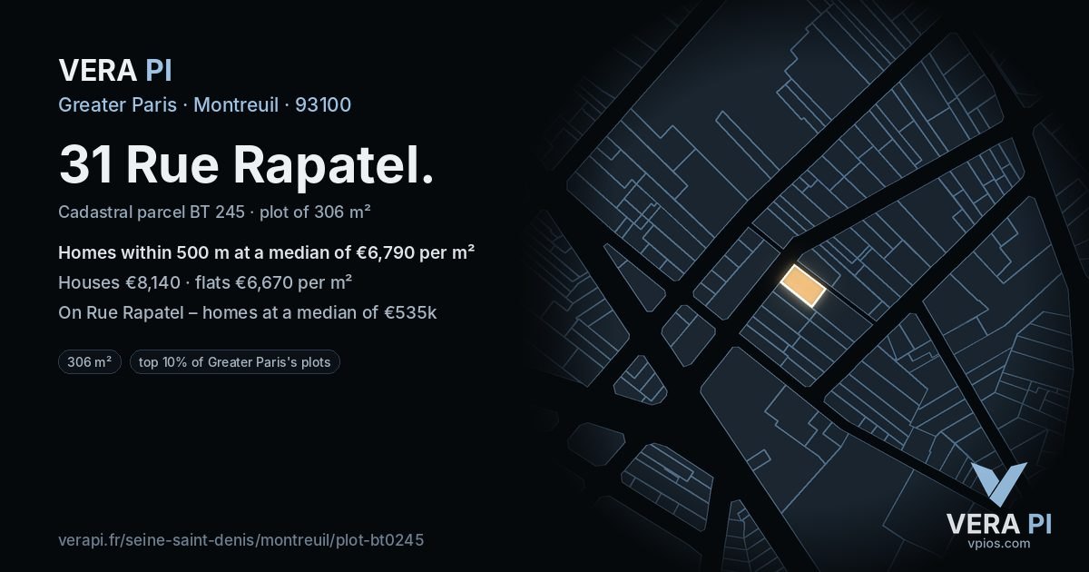 31 Rue Rapatel, Montreuil at night – the plot lit, the parcels around coloured by the prices near them