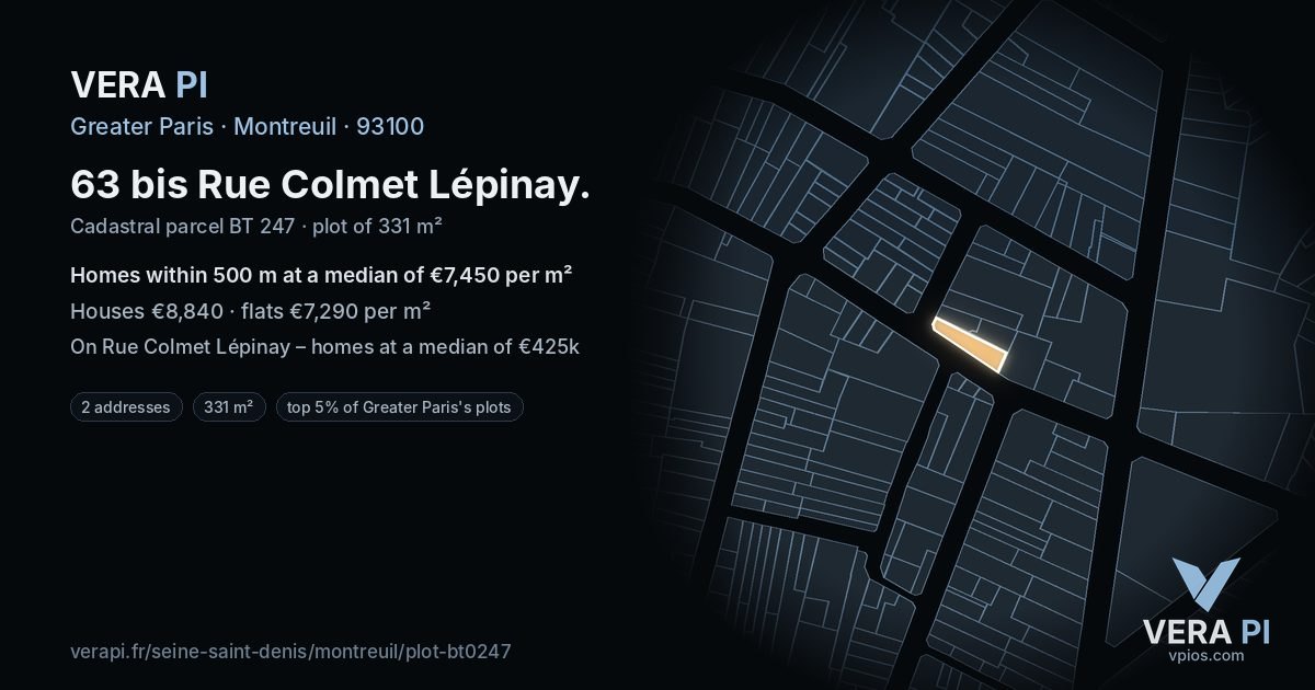 63 bis Rue Colmet Lépinay, Montreuil at night – the plot lit, the parcels around coloured by the prices near them