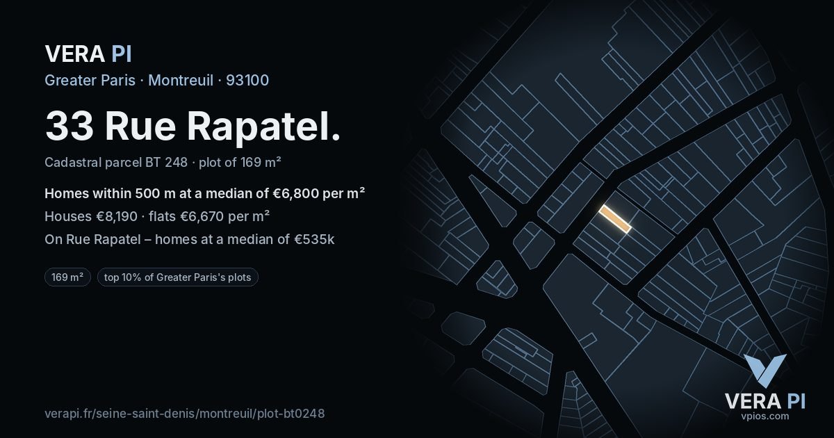 33 Rue Rapatel, Montreuil at night – the plot lit, the parcels around coloured by the prices near them