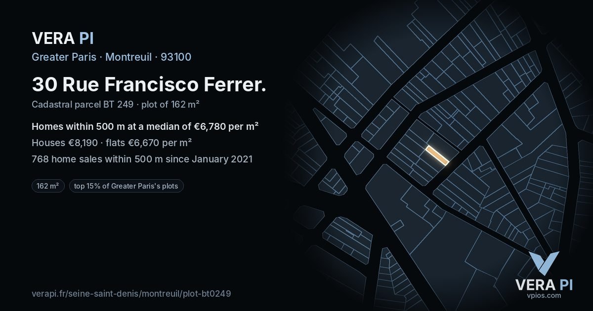 30 Rue Francisco Ferrer, Montreuil at night – the plot lit, the parcels around coloured by the prices near them