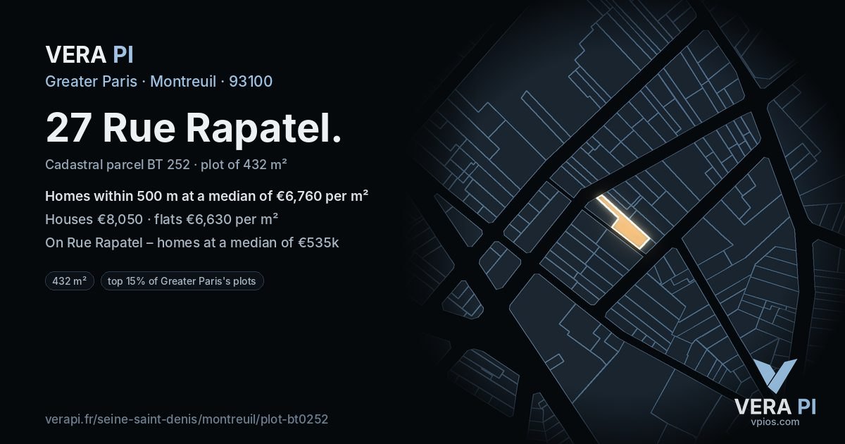 27 Rue Rapatel, Montreuil at night – the plot lit, the parcels around coloured by the prices near them