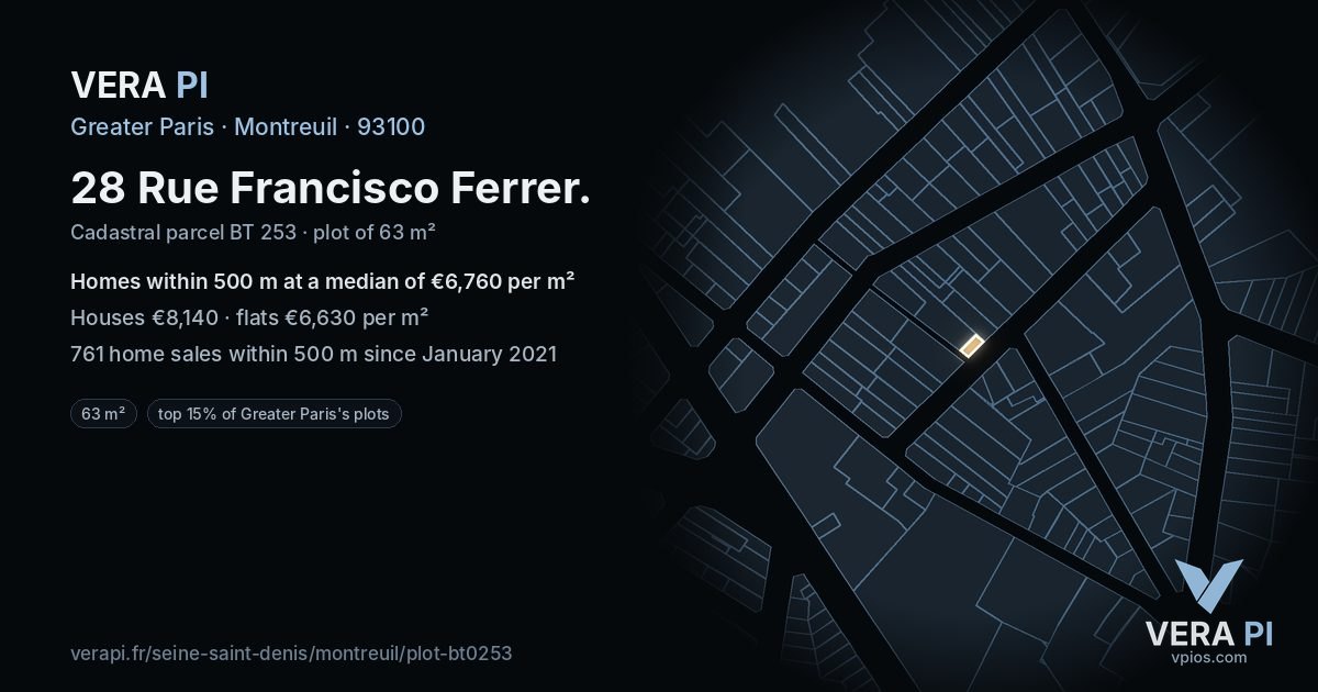 28 Rue Francisco Ferrer, Montreuil at night – the plot lit, the parcels around coloured by the prices near them