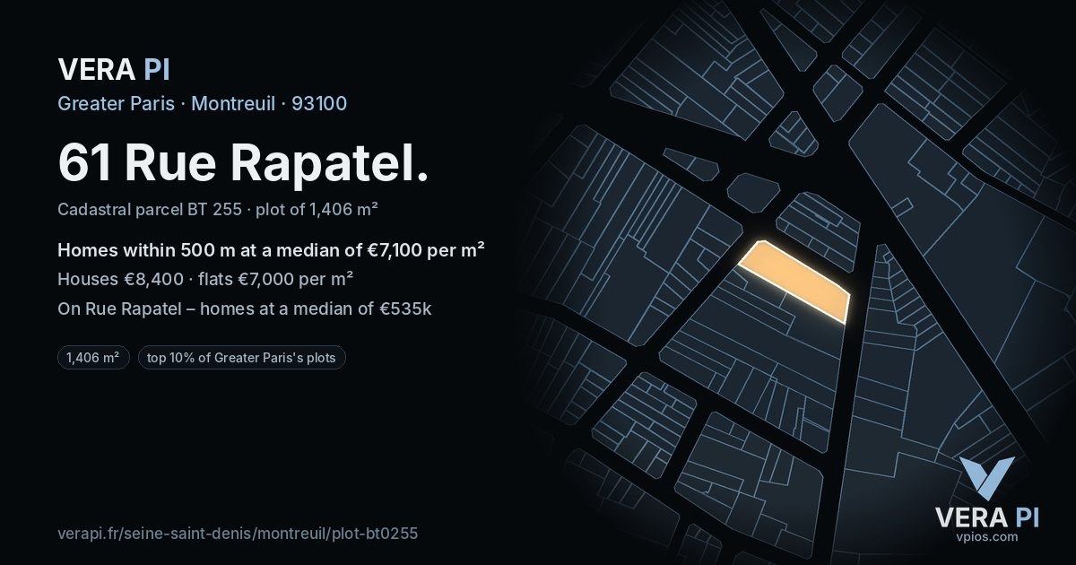 61 Rue Rapatel, Montreuil at night – the plot lit, the parcels around coloured by the prices near them