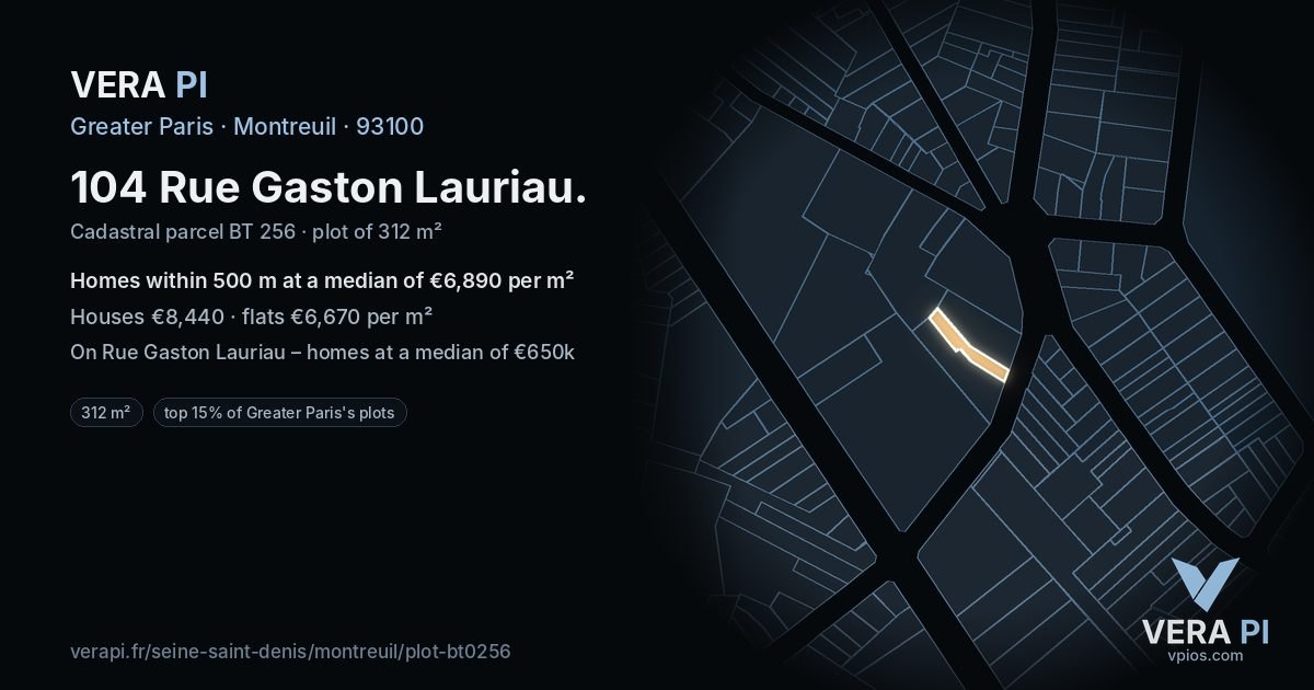 104 Rue Gaston Lauriau, Montreuil at night – the plot lit, the parcels around coloured by the prices near them