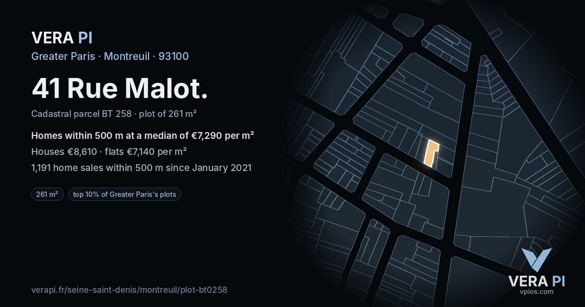 41 Rue Malot, Montreuil at night – the plot lit, the parcels around coloured by the prices near them