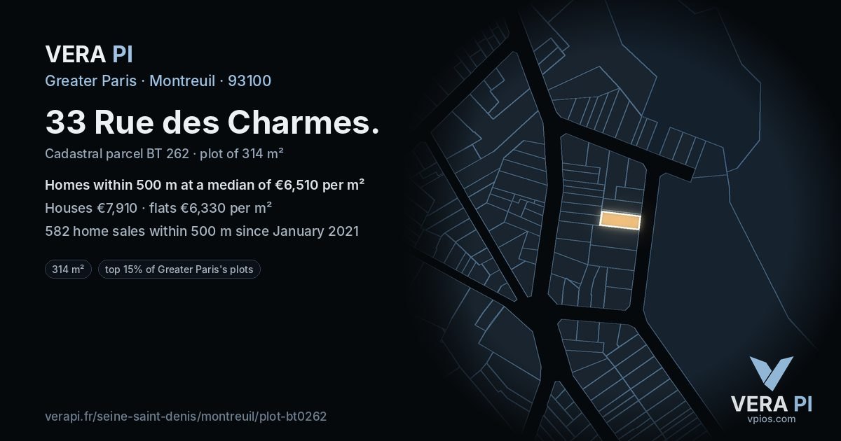 33 Rue des Charmes, Montreuil at night – the plot lit, the parcels around coloured by the prices near them